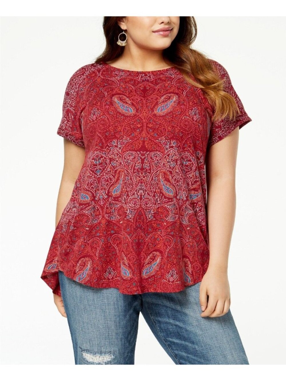 Lucky Brand Split Back Top Womens 1X Red Paisley Boho Western Peek a Boo Casual